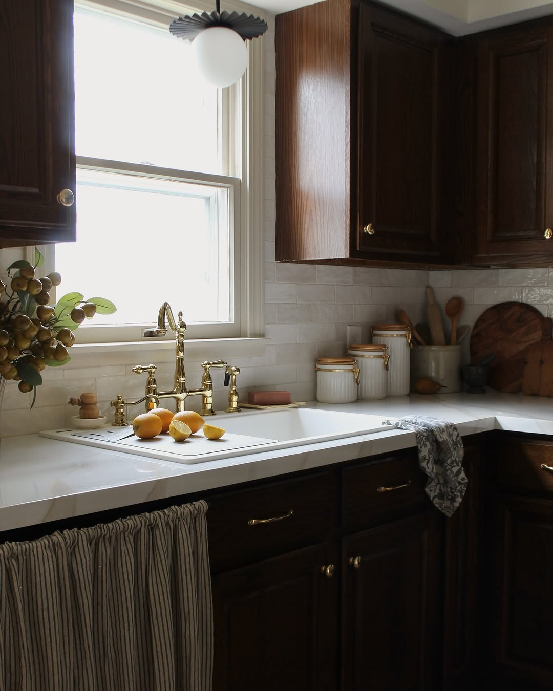 Striped Fabric Skirt Hides Open Cabinet Space