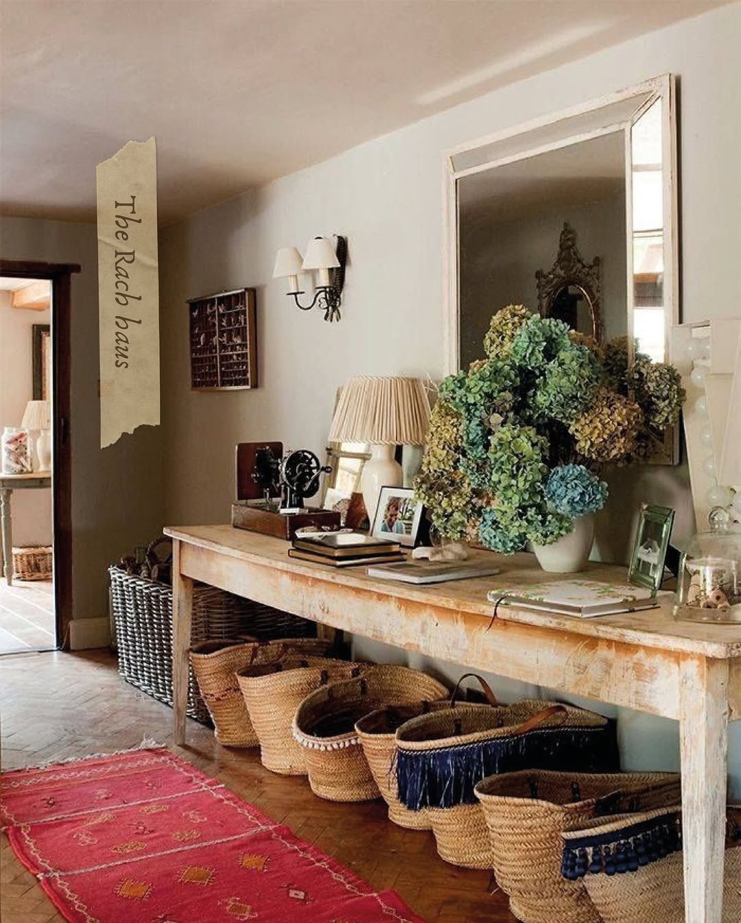 Woven Baskets Add Textured Storage Under a Console Table