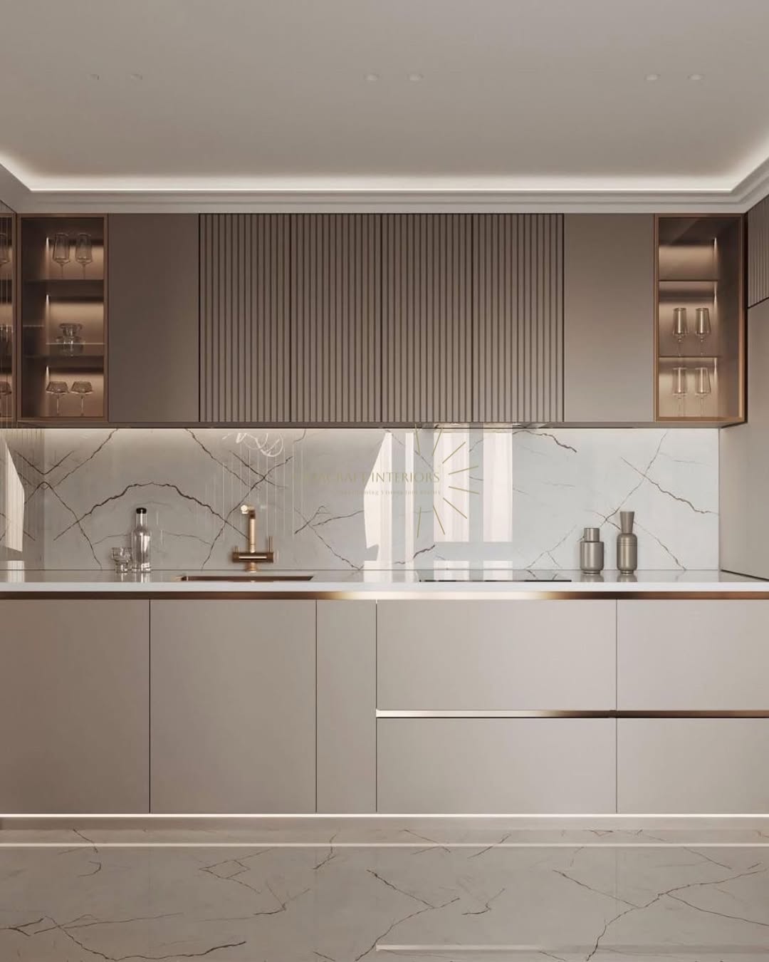 Vertical Wood Slats Add Subtle Dimension to Upper Cabinets