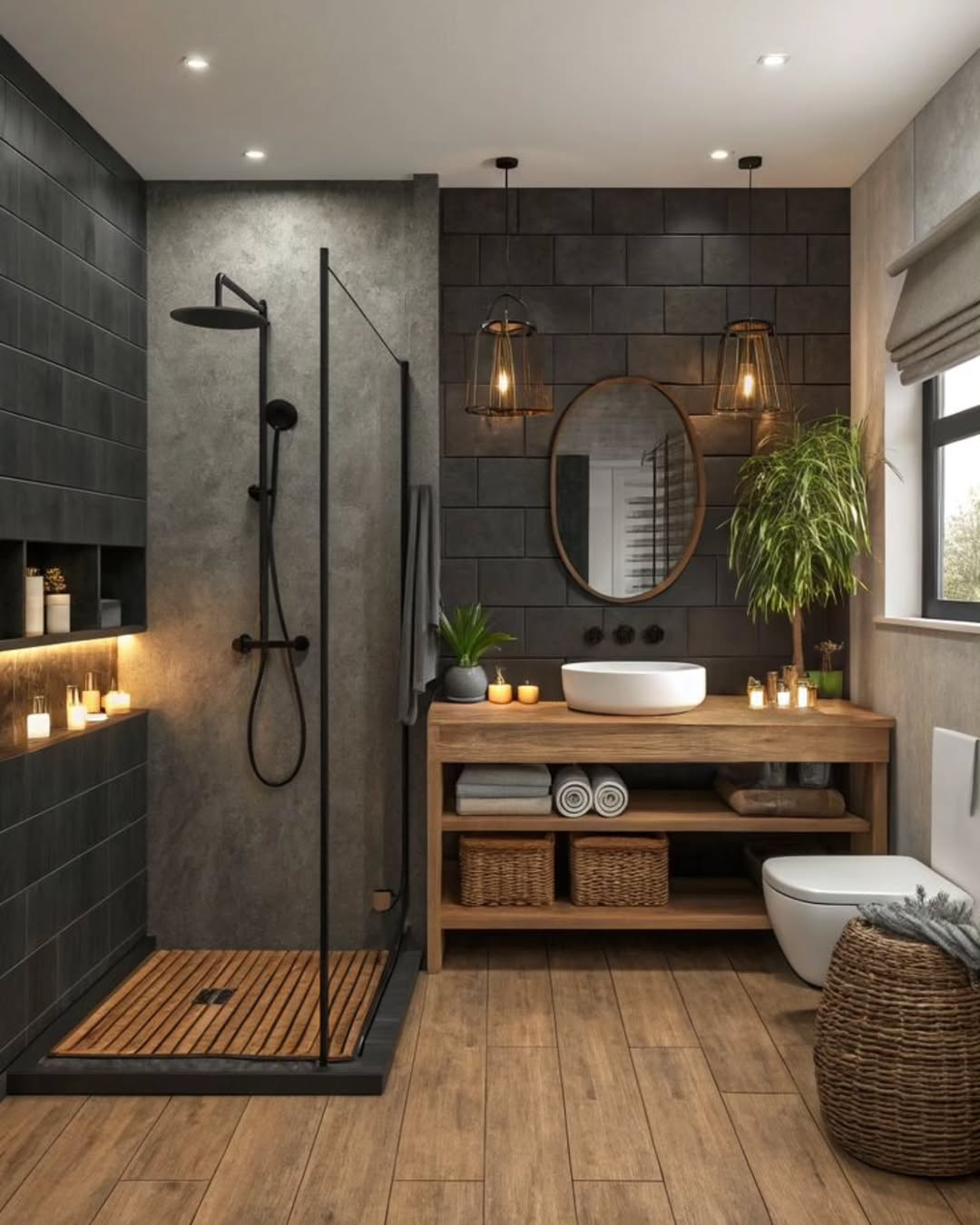Wooden Vanity With Open Shelving for Towels and Baskets