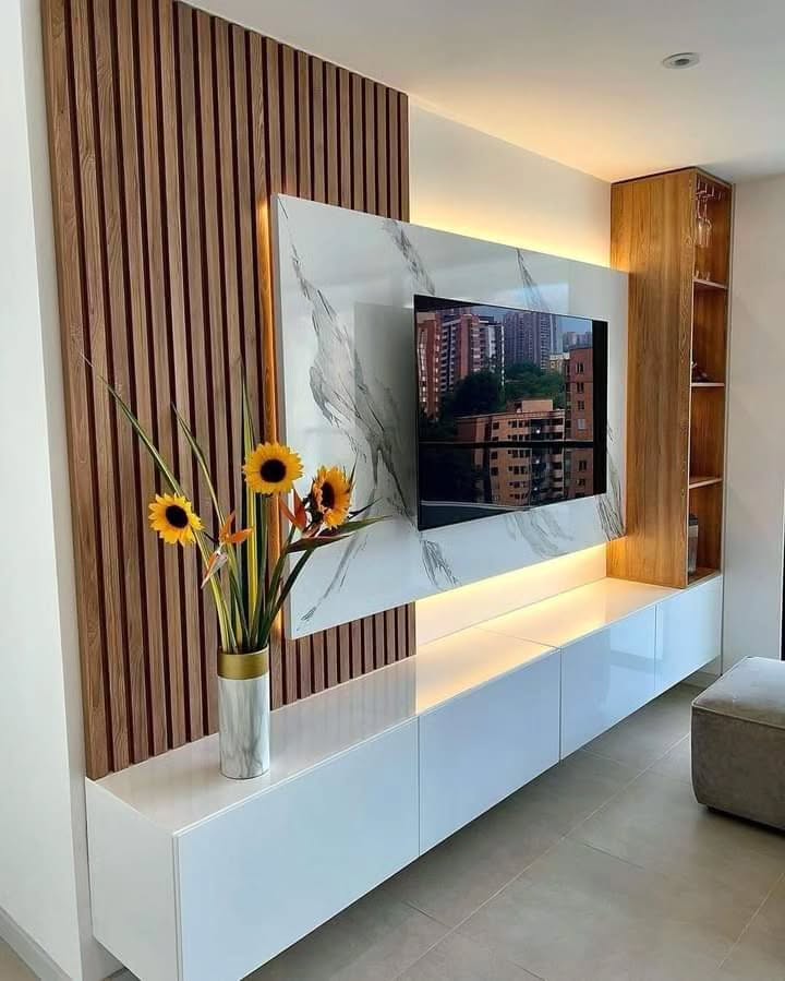 Slatted Wood Wall with a Marble TV Mount