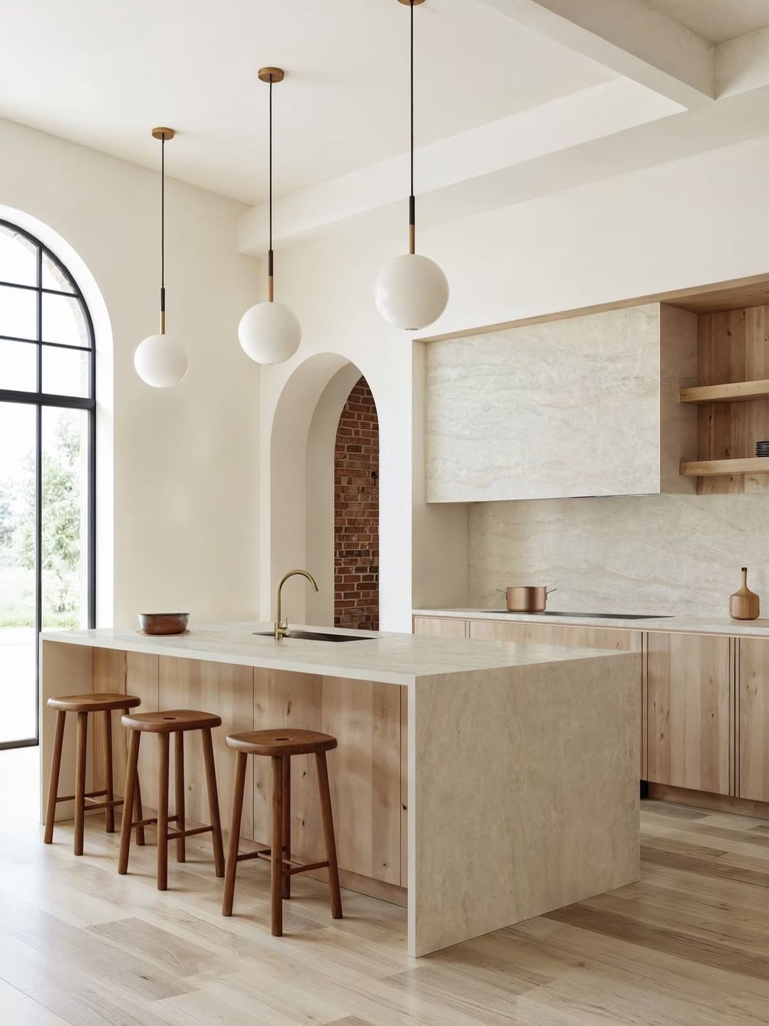 Globe Pendant Lights with Wood Accents Soften Modern Lines