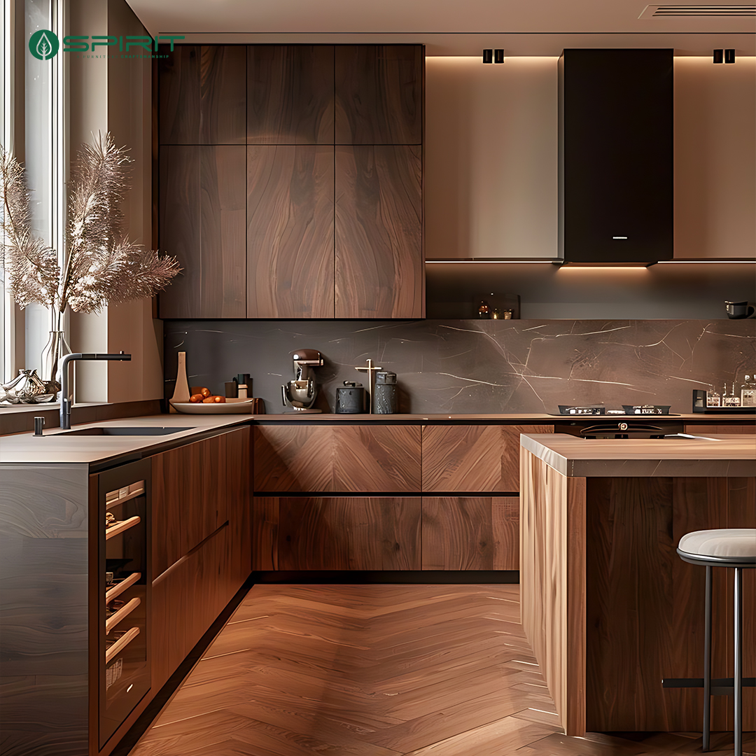Dark Wood Cabinets With Chevron Grain Add Rich Texture