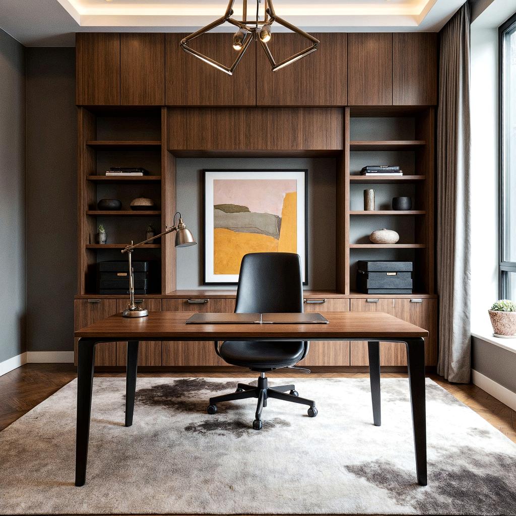 Dark, Stacked Boxes Keep Desk Shelves Tidy