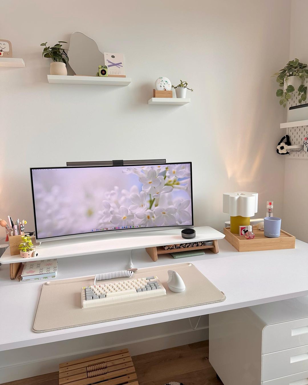 White Monitor Riser With Natural Wood Accent Shelf