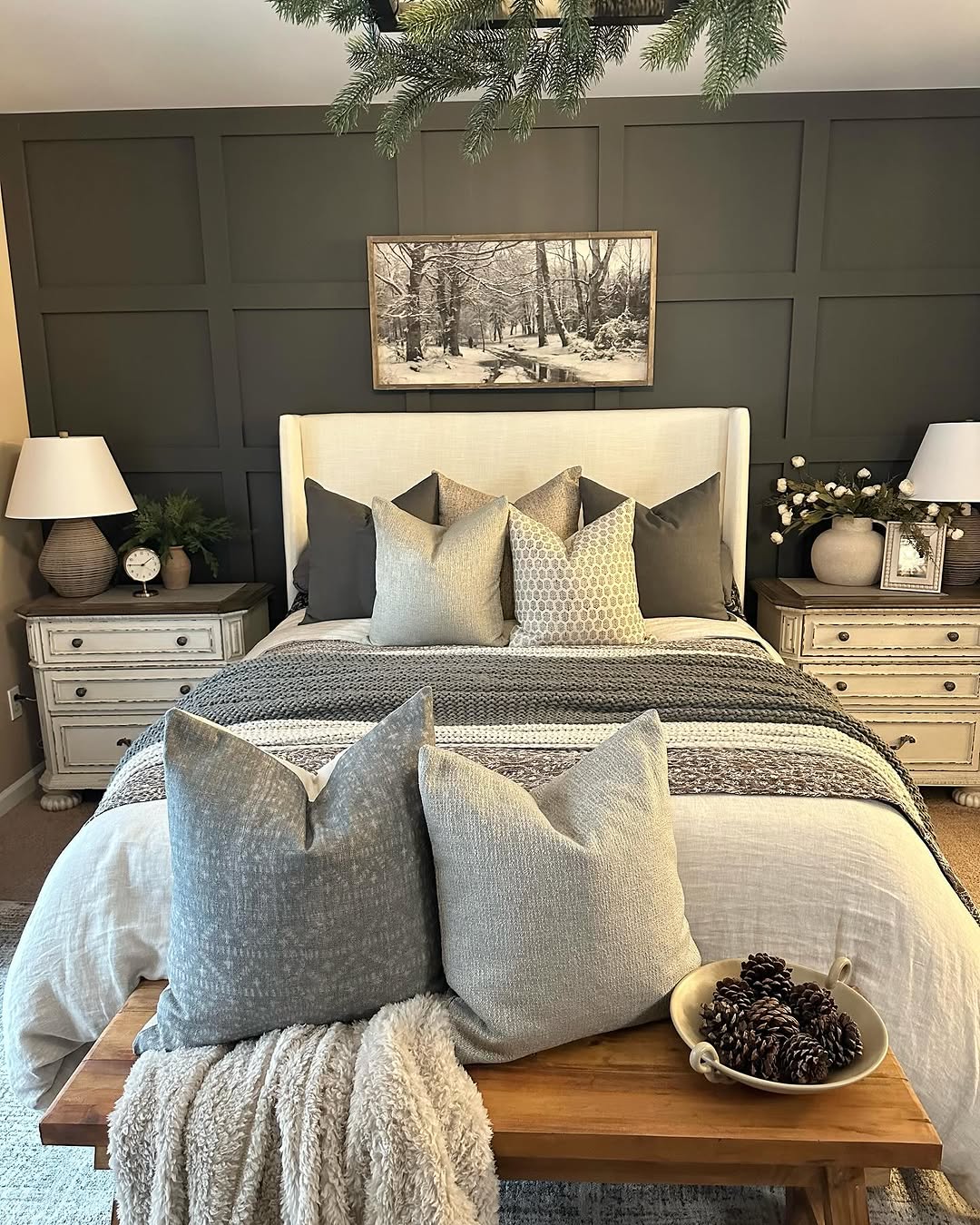 Rustic Bench with Pinecones and Cozy Throw