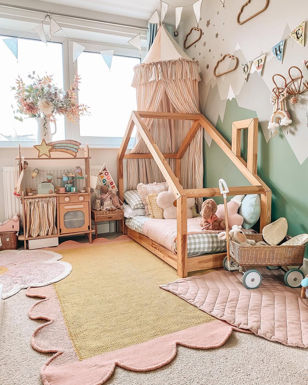 Wooden House Bed Frame With Striped Canopy Adds Cozy Charm
