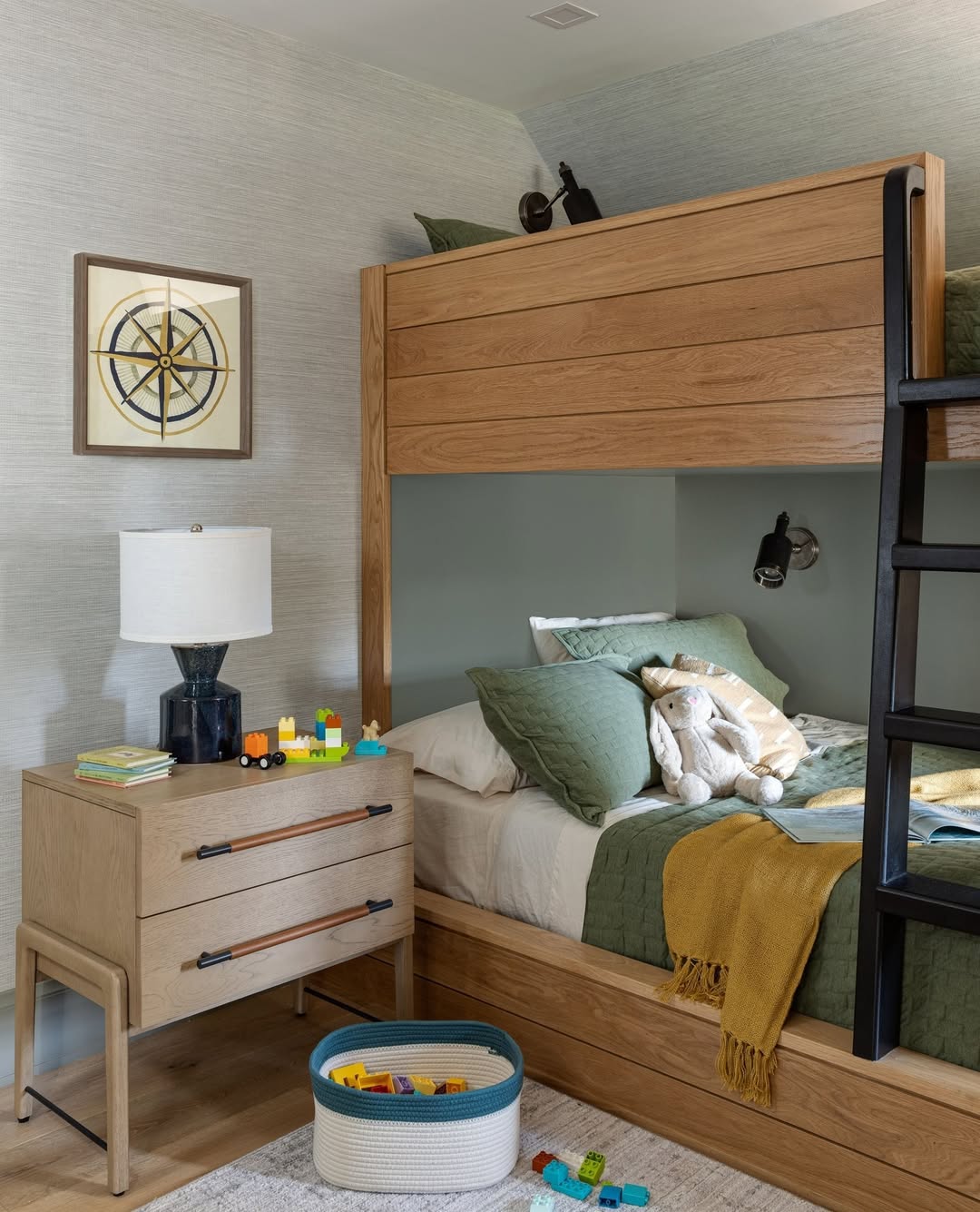 Wooden Bunk Bed with Wall-Mounted Reading Lights