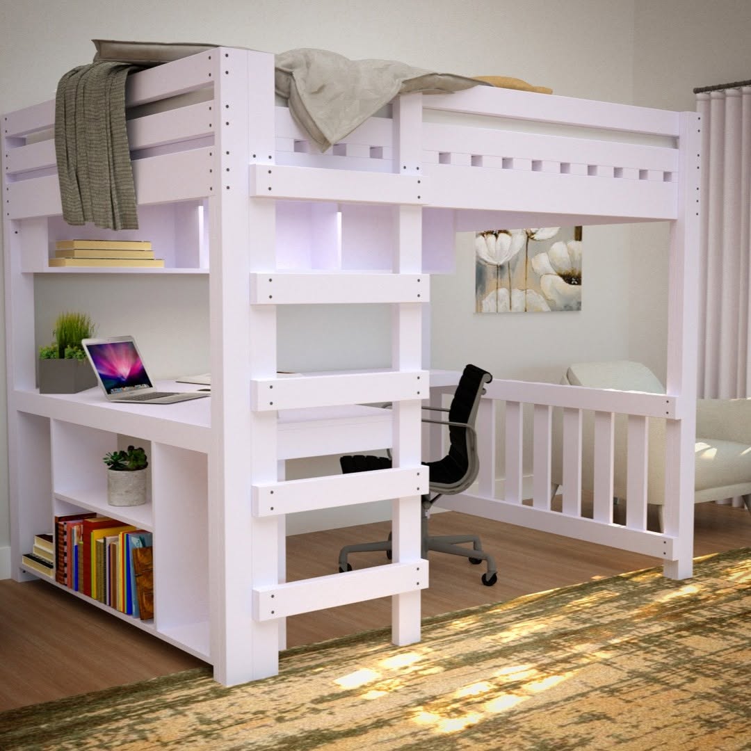 White Loft Bed With Integrated Desk and Shelving
