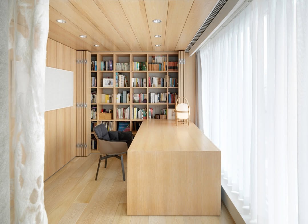 Maximize Storage with a Light Wood Desk Featuring Built-In Shelving