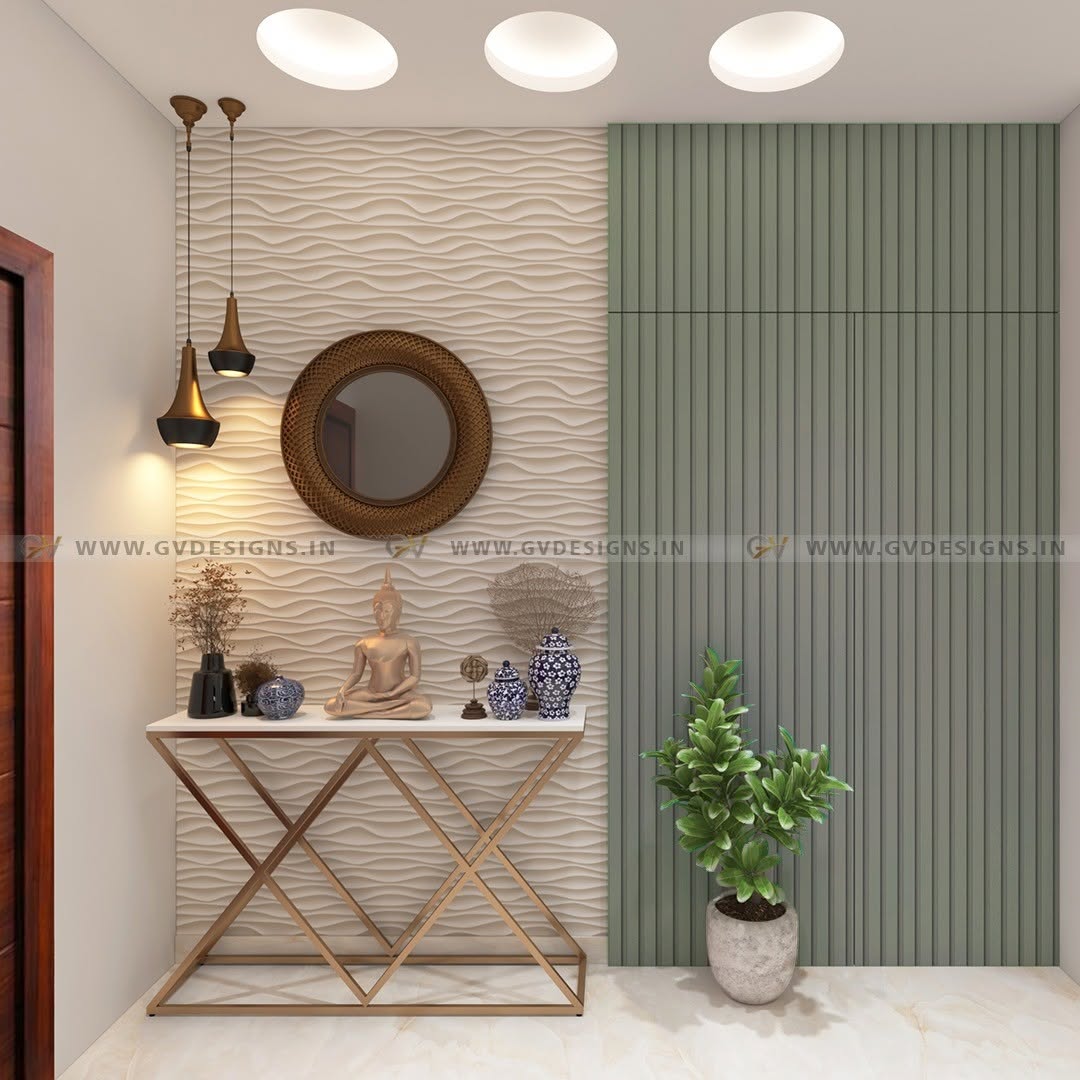Textured Wall Panels Add Depth Behind an Entryway Console
