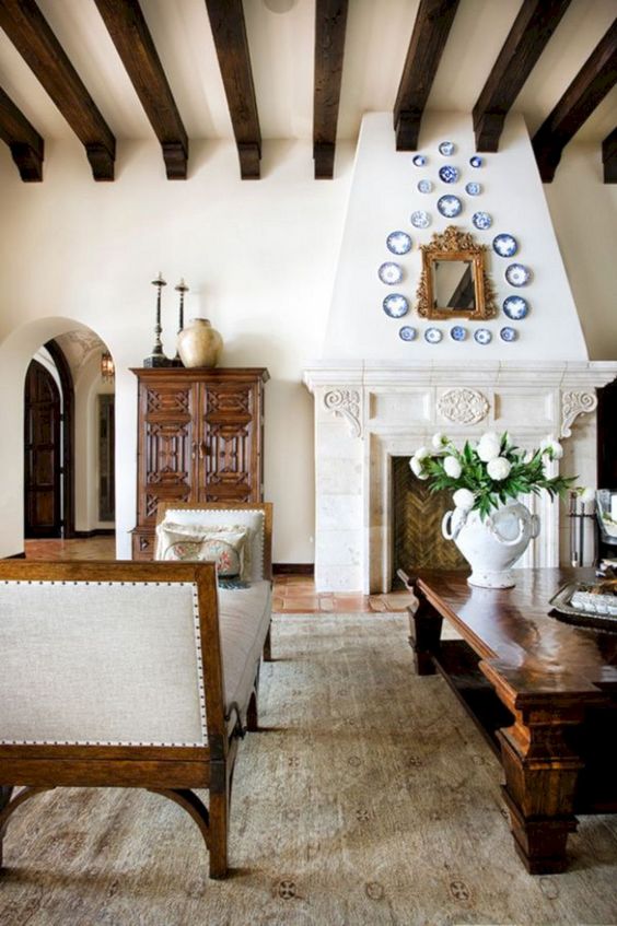 Blue and White Plates Create a Decorative Mantel Display