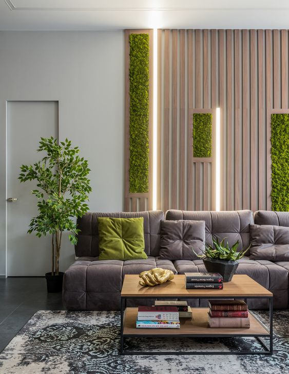 Vertical Moss Panels Add Living Texture to Wood Walls