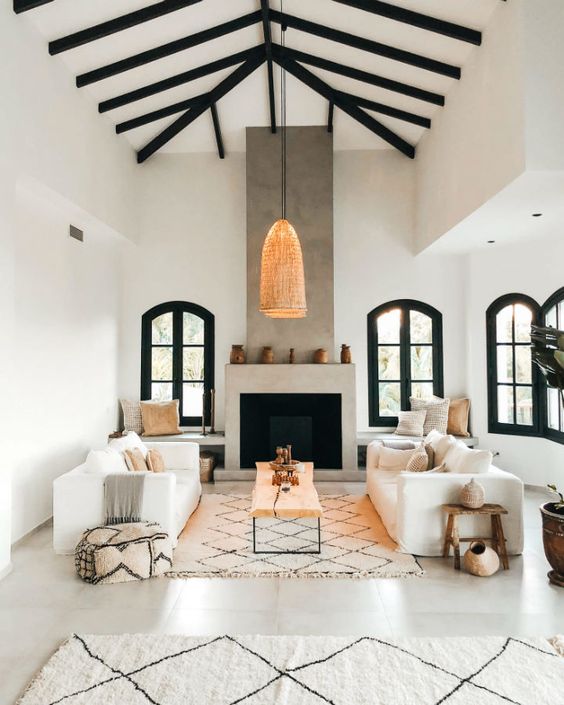 Woven Pendant Light Adds Organic Texture Above Fireplace