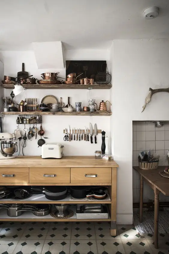 Open Shelving With Copper Pots and Pans