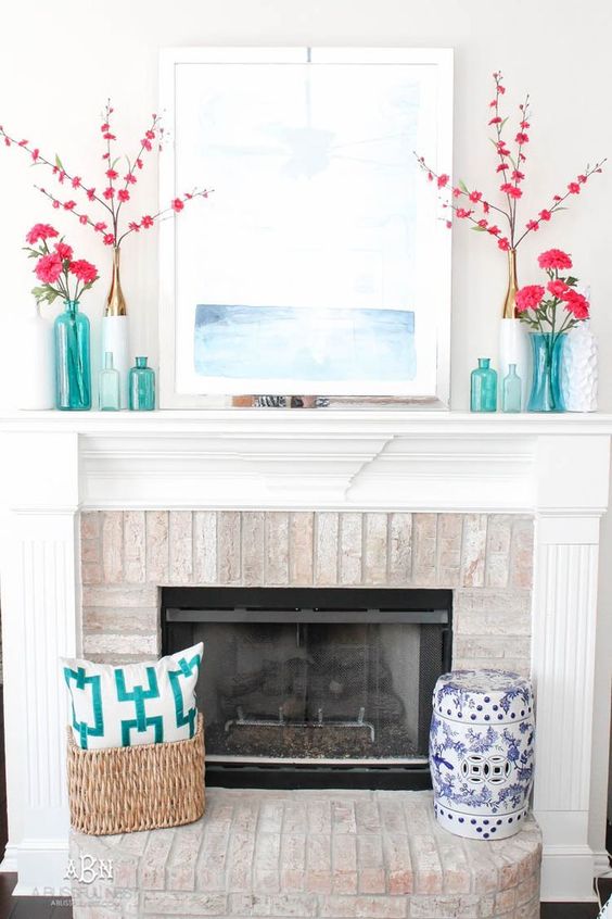 Teal Vases and Pink Branches for a Playful Pop of Color