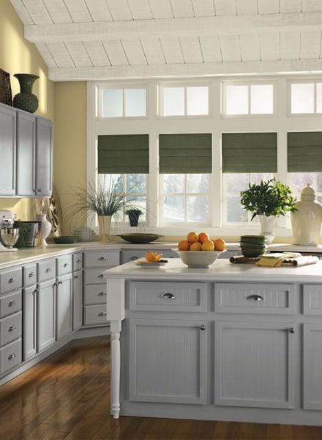 Combine Grey Shaker Cabinets with White Beadboard Doors