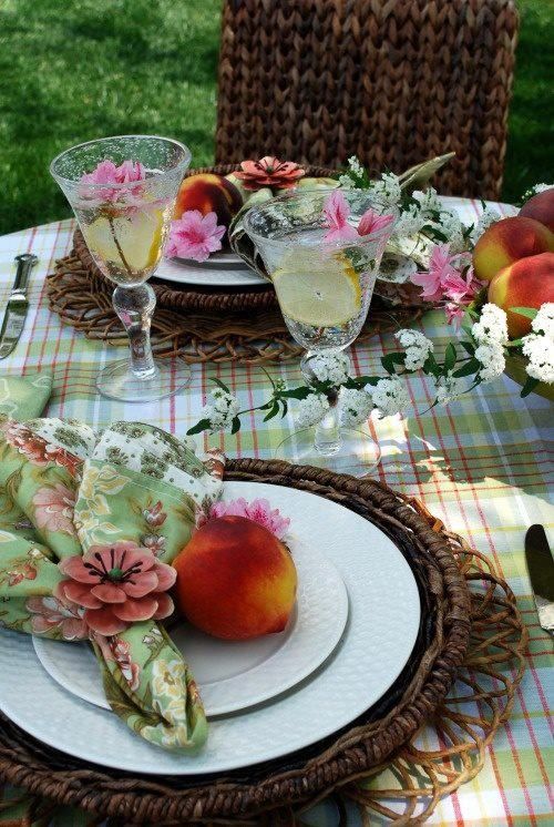 Peaches and Pink Blossoms Adorn Each Setting