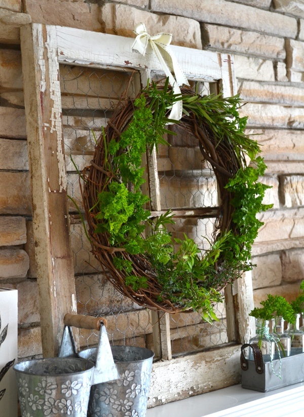 Rustic Window Frame with Herb Wreath Adds Garden Charm