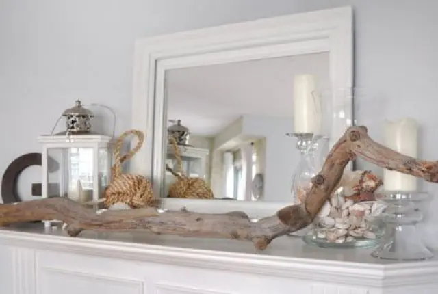 Driftwood Branch Anchors a Coastal Mantel Display