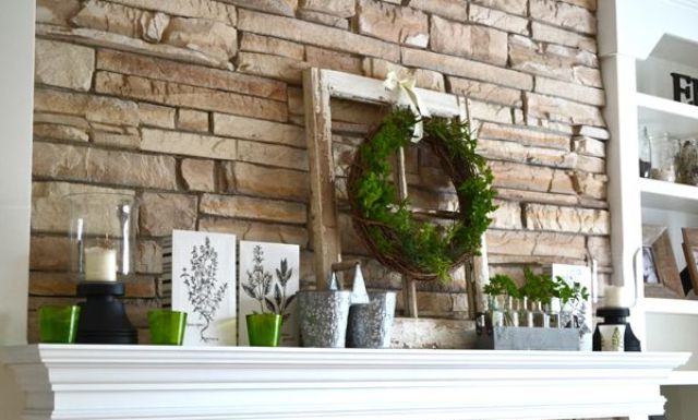 Distressed Window Frame Holds a Twig Wreath