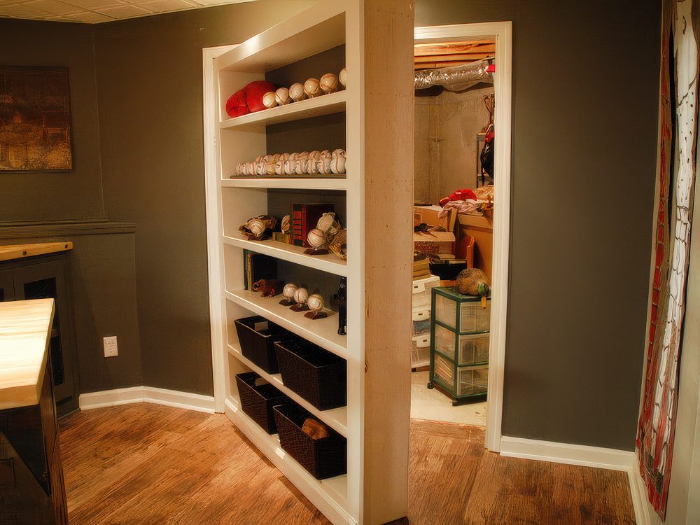 White Shelving Unit Hides a Doorway to Storage Area