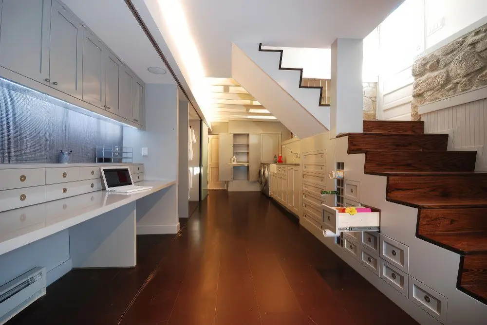 Built-in Drawers Under Stairs for Craft Supplies