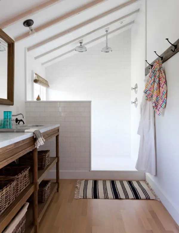 Wooden Vanity With Woven Baskets for Open Storage