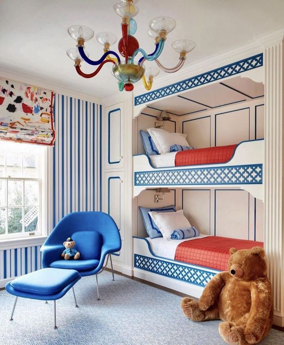 Bunk Beds With Blue Lattice Trim Add Playful Charm