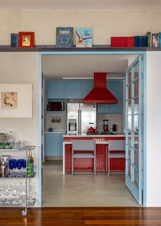 Red Tile Island Base Grounds Blue Kitchen Cabinets