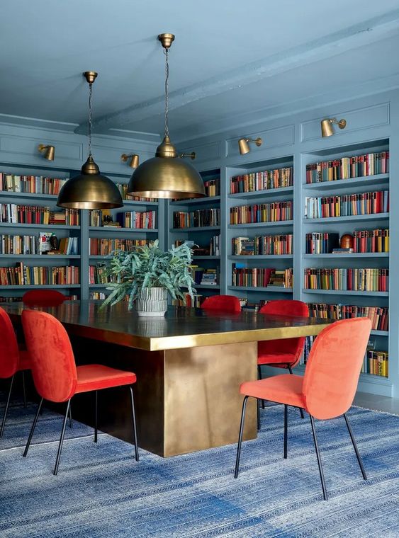 Brass Table Base Anchors a Cozy Reading Nook