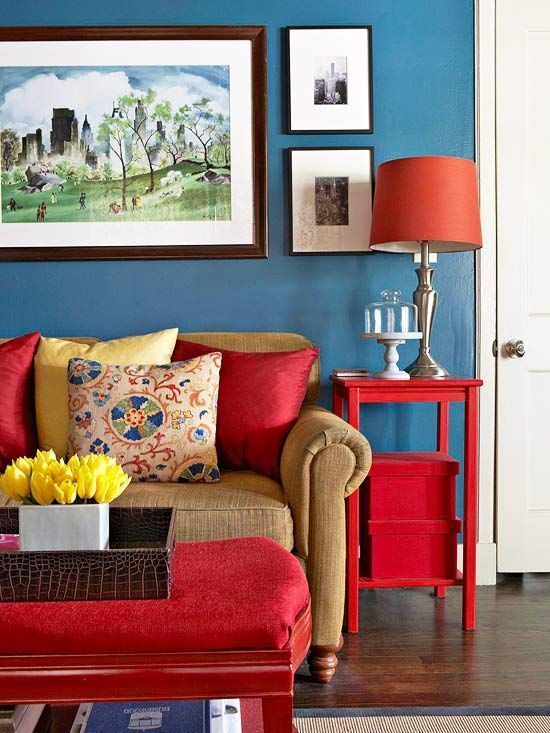 Red Side Table With Stacked Storage Boxes