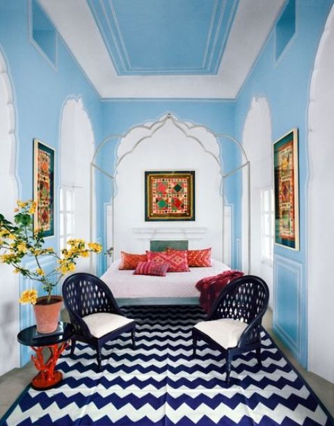 Large Chevron Rug Anchors Blue and White Room