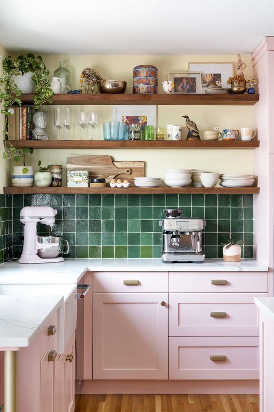 Open Shelving Displays Colorful Drinkware and Kitchen Essentials