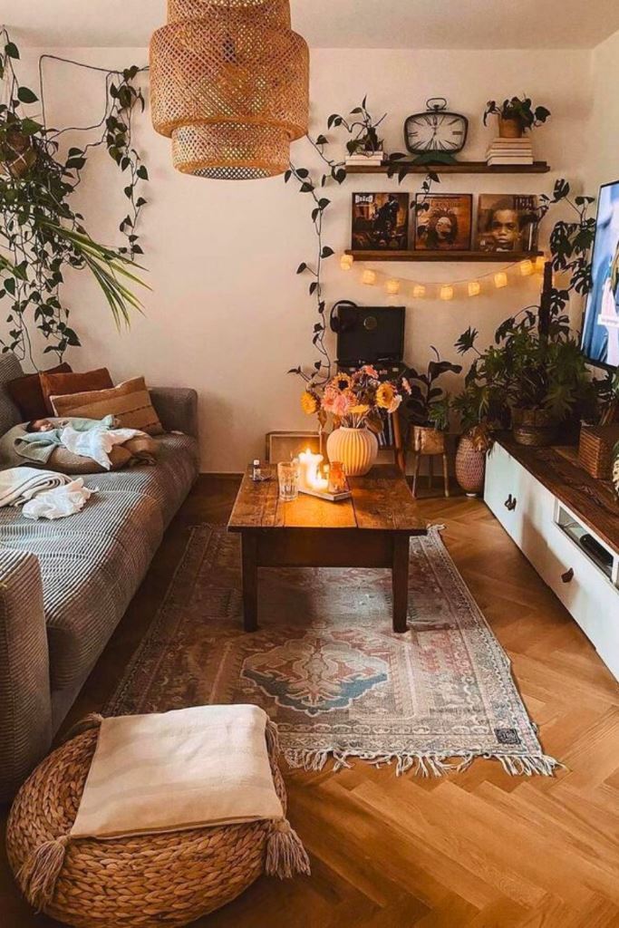Ground Your Seating Area with a Wooden Coffee Table and Rug