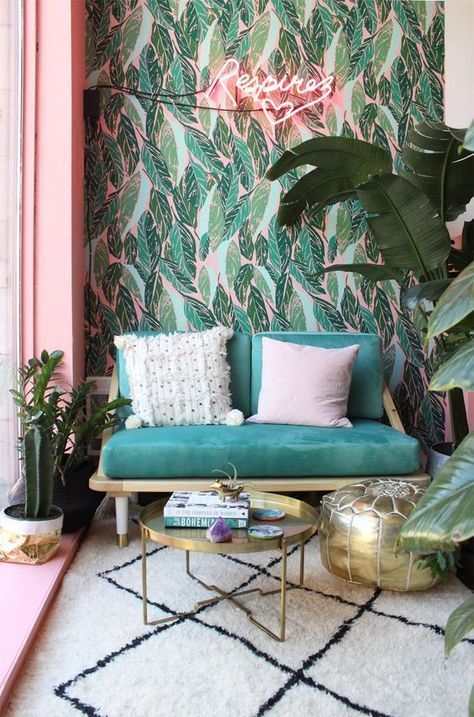 Neon Sign Adds a Playful Glow to Botanical Wallpaper