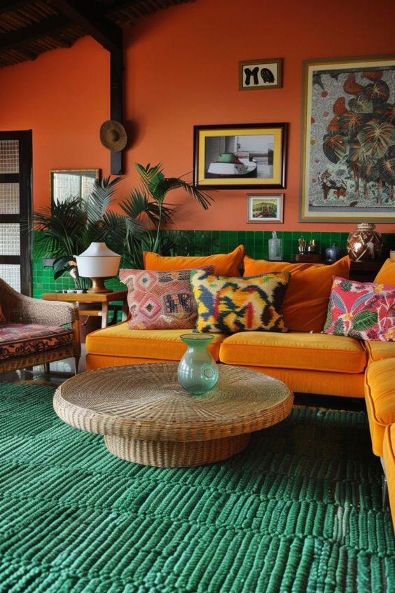 Woven Rattan Coffee Table Anchors Green Textured Rug