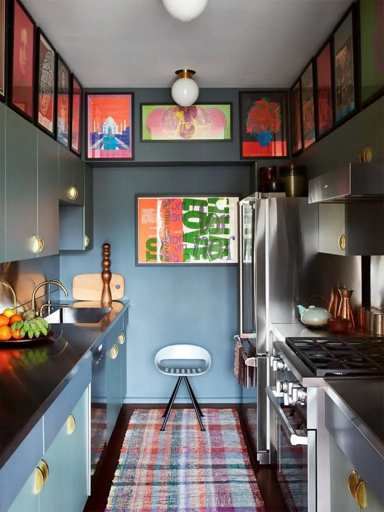 Framed Art Adds Bold Color Above Kitchen Cabinets