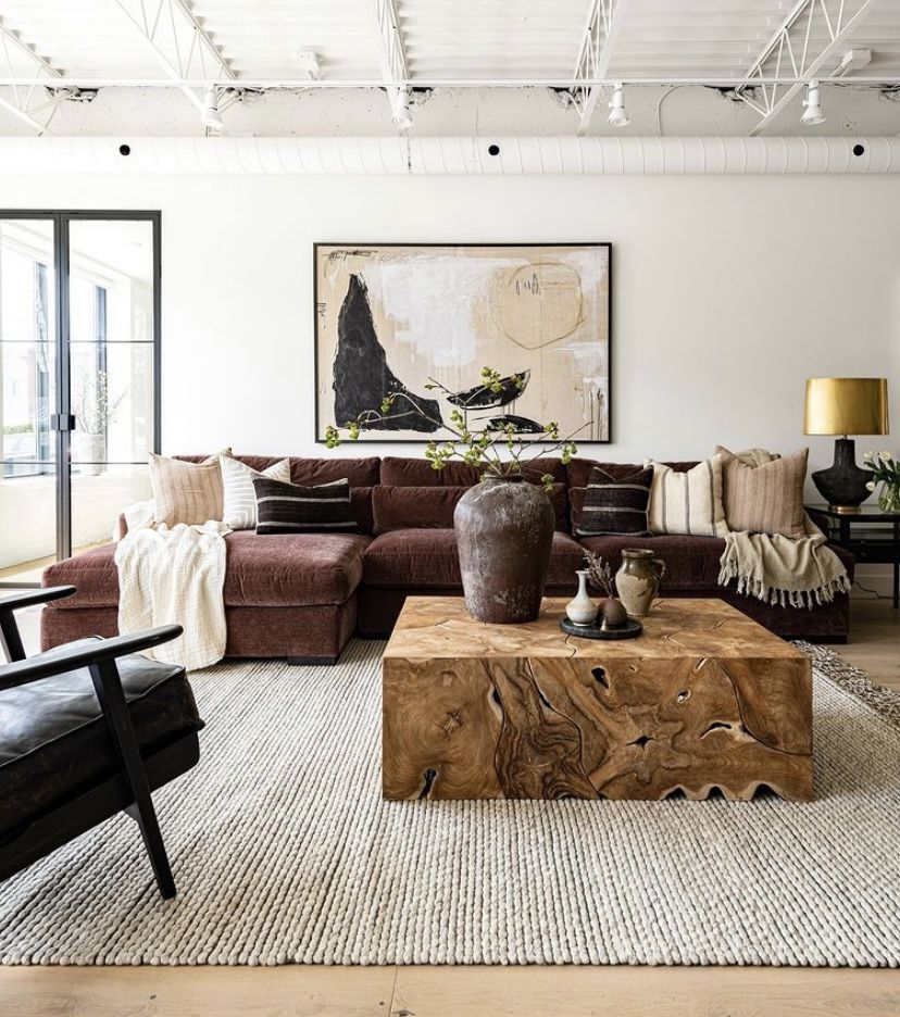 Textured Wood Slab Coffee Table Anchors the Room