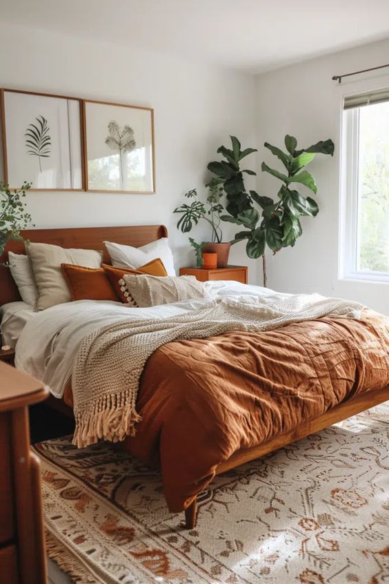 Layered Botanical Art Prints Add Natural Symmetry Above Bed