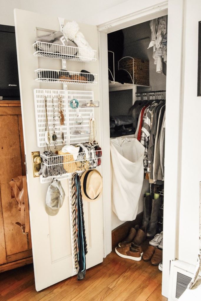 Pegboard and Baskets for Hats, Scarves, and Jewelry