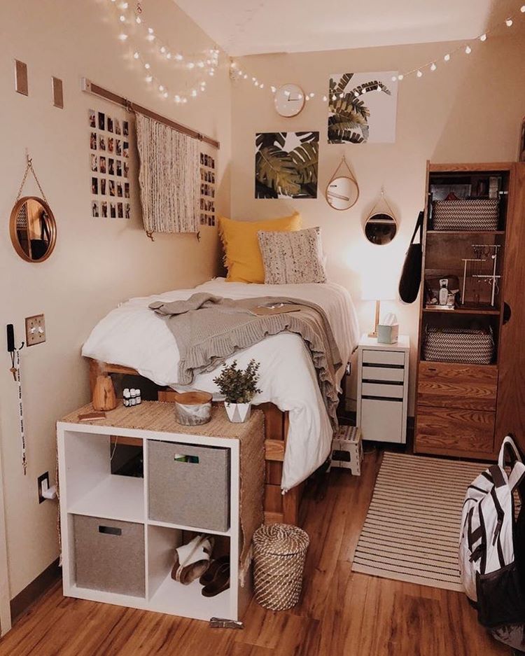 White Cube Storage With Fabric Bins Organizes Bedside Items