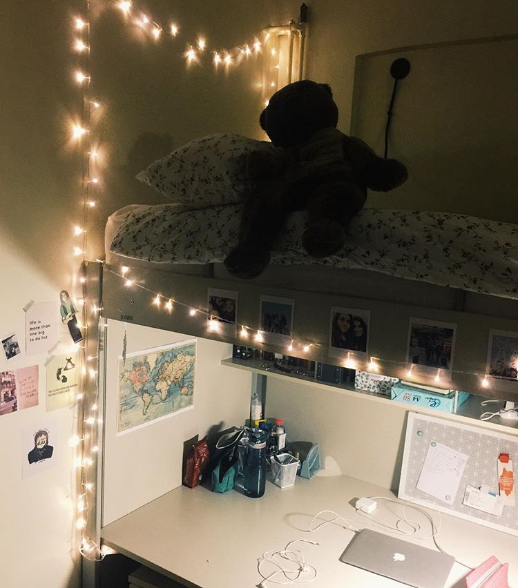 String Lights Frame a Loft Bed With Personal Photos