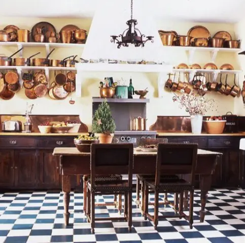 Copper Pots and Pans Hung on Wall Rails
