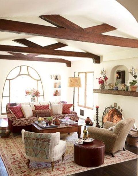 Dark Wood Beams Add Architectural Interest To Sloped Ceilings