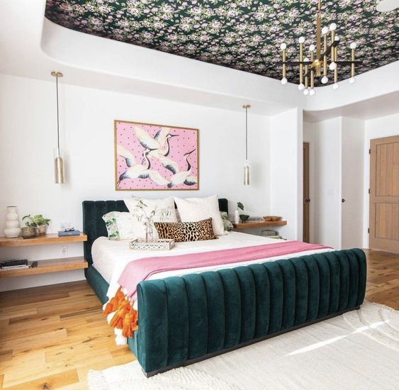 Floral Wallpaper on Tray Ceiling Adds a Dramatic Canopy