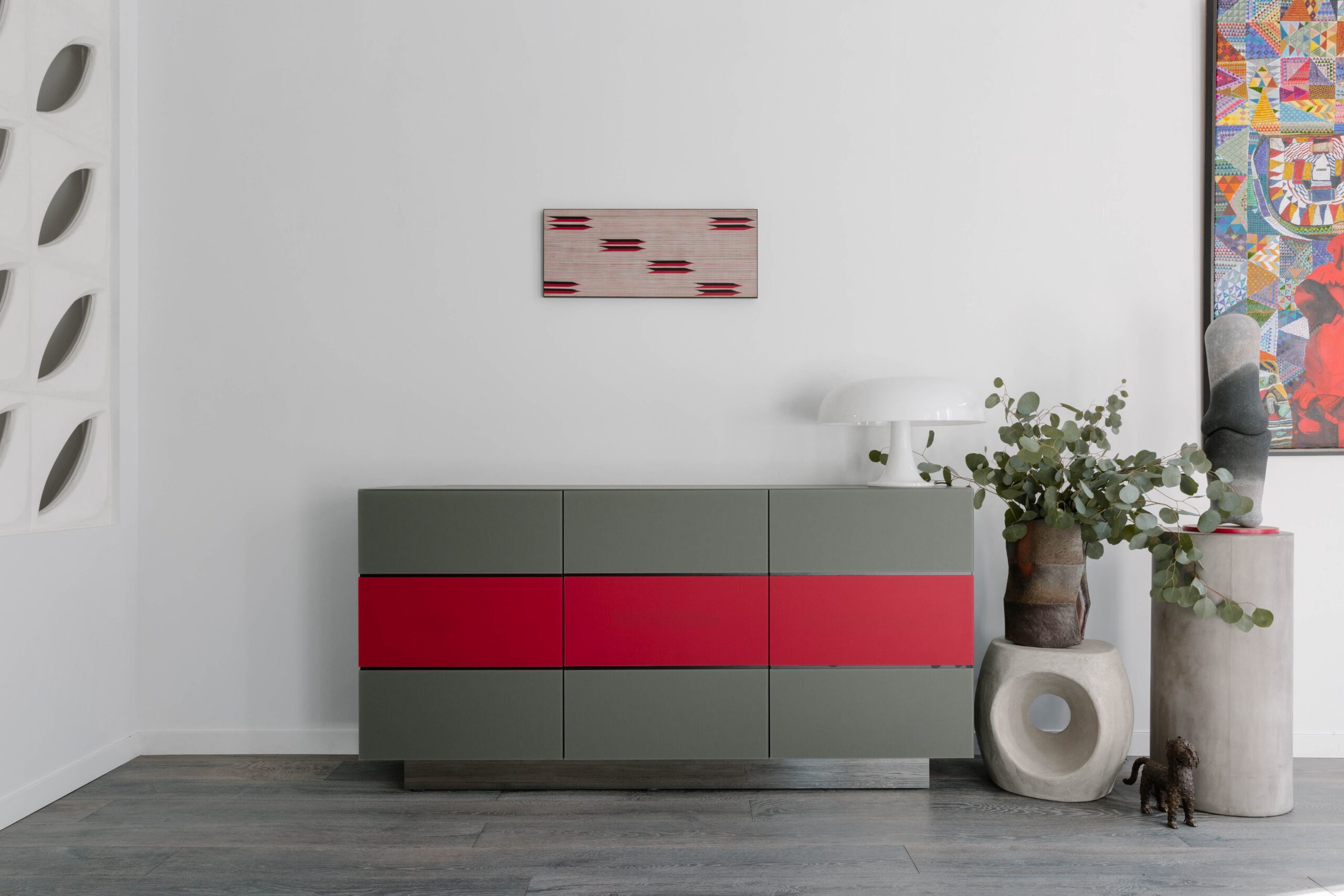 Two-Tone Cabinet with Red and Gray Doors for Color Pop