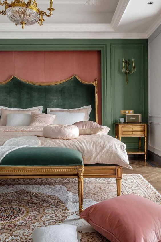 Velvet Headboard With Gold Trim Creates a Dramatic Focal Point