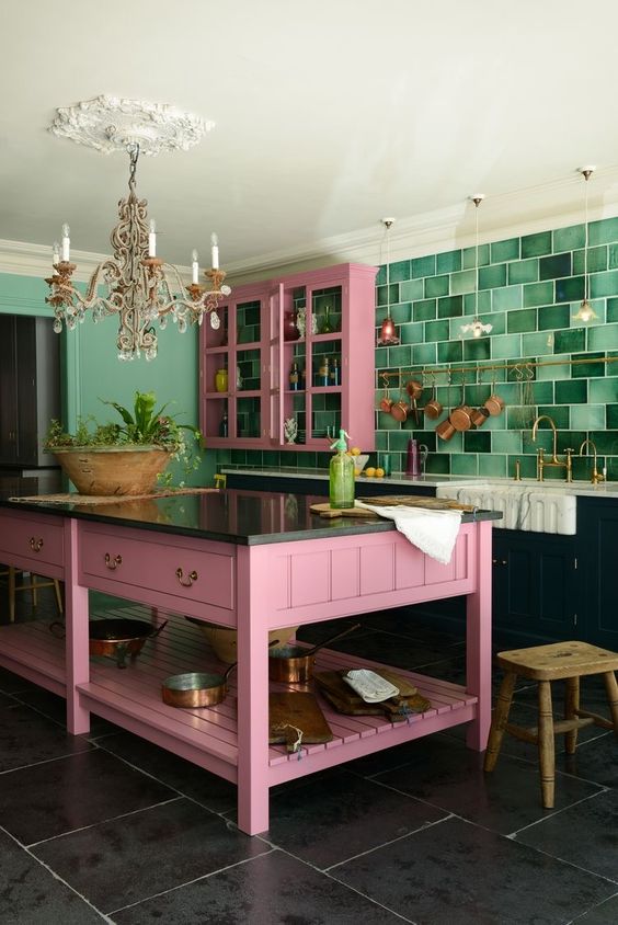 Pink Kitchen Island With Open Shelving for Pots