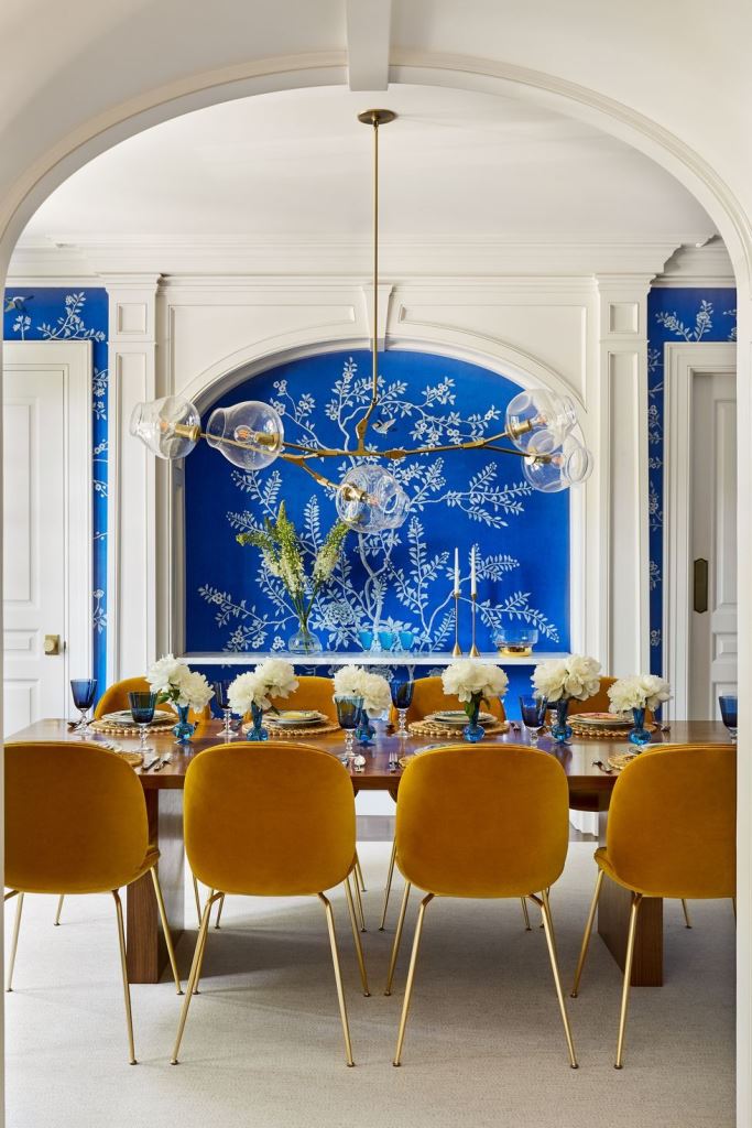 Cobalt Blue Mural Creates a Dramatic Backdrop for Dining